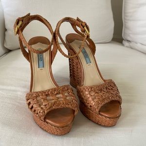 PRADA Nude Blush Woven Leather Peep Toe Wedges 36
